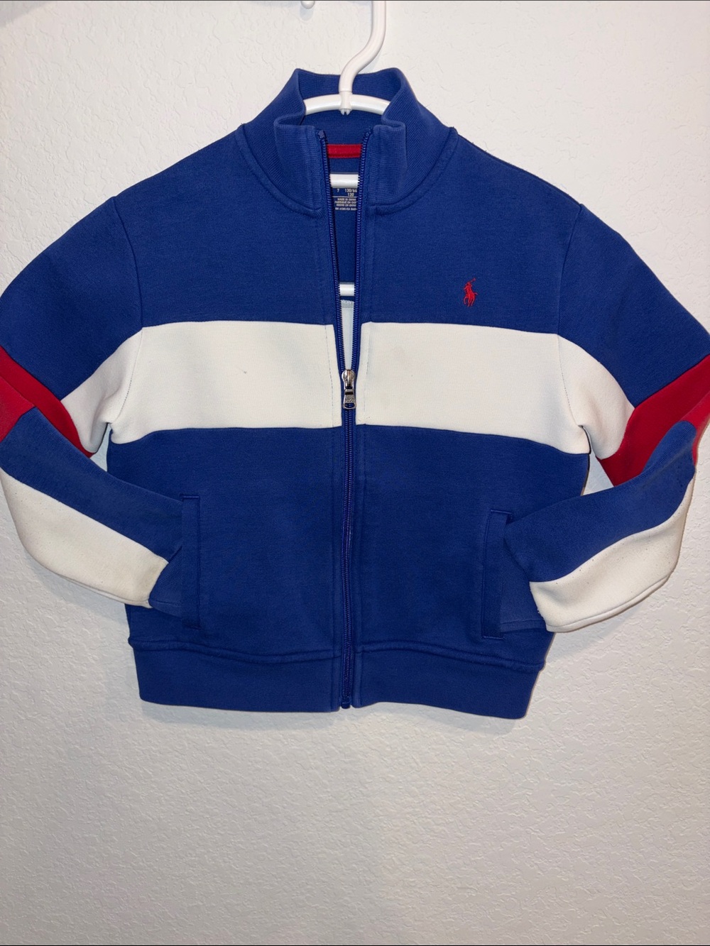 Polo by Ralph Lauren Boys Blue Fleece Zip Jacket with White & Red Stripes